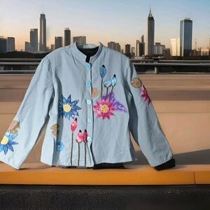 Alex Kim Flower Power Hippie Jacket Blazer Size Small Blue Colorful Groovy Indie
